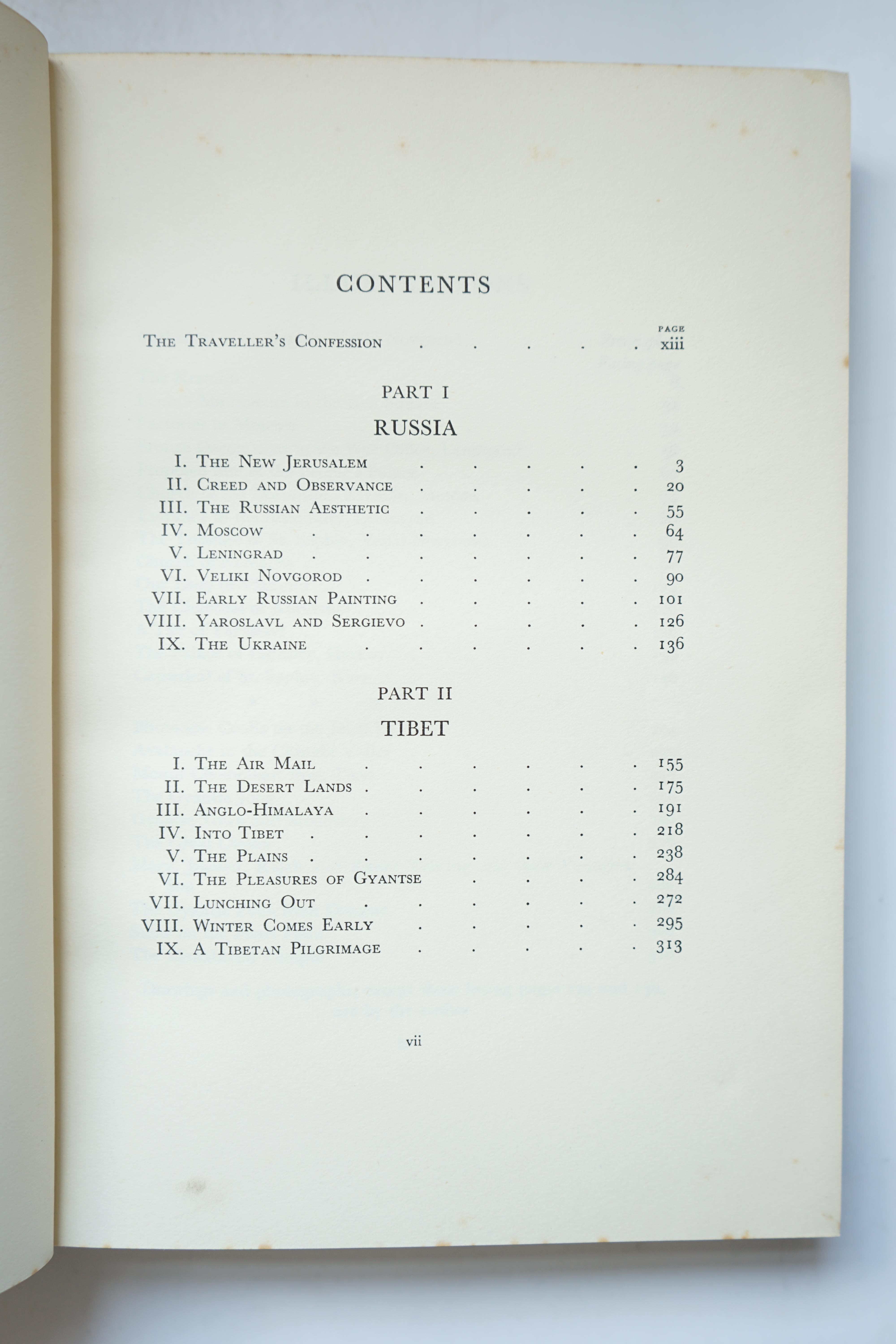 Byron, Robert - First Russia Then Tibet, 8vo, original green cloth, colour frontispiece and black and white plates, Macmillan & Co. Ltd, London, 1933